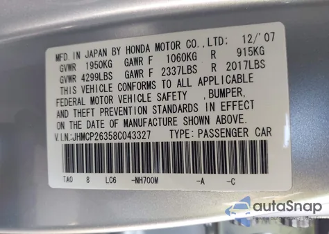2008 Honda Accord 2.4 Lx from USA, damaged, VIN JHMCP26358C043327